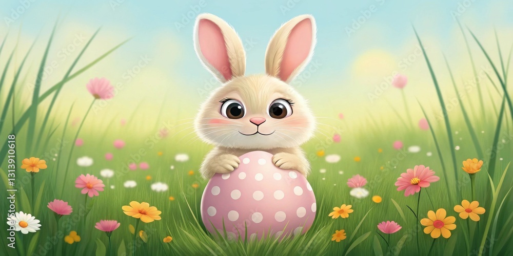 Fototapeta premium A cute bunny holding a pastel-colored egg, sitting in a grassy meadow. Rabbit. Easter day