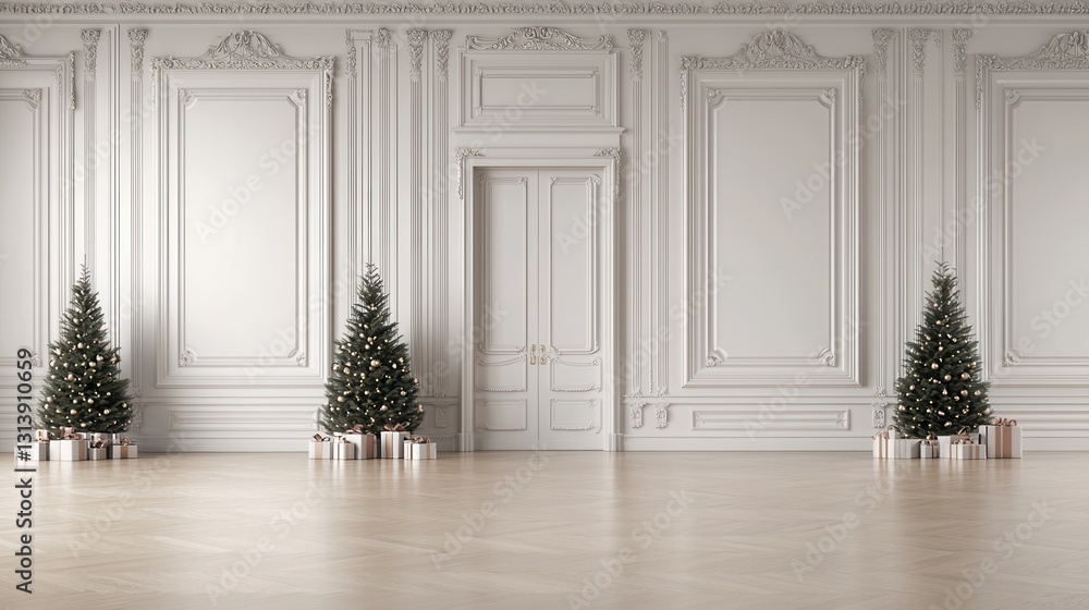 Elegant Christmas Room with Trees and Presents in Classic Style Elegant Christmas Room with Trees and Presents in Classic Style