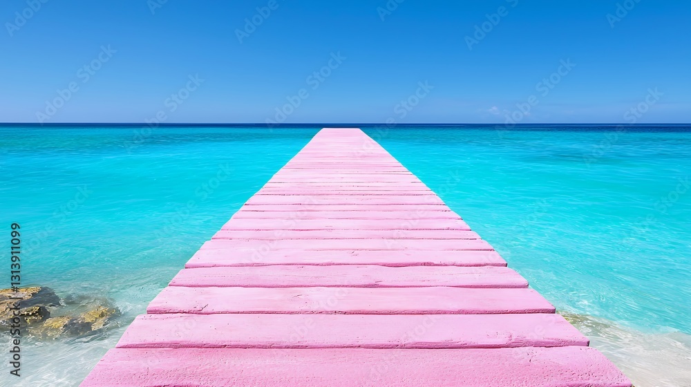 Obraz premium Pink Wooden Pier Extending into Turquoise Ocean under Bright Blue Sky