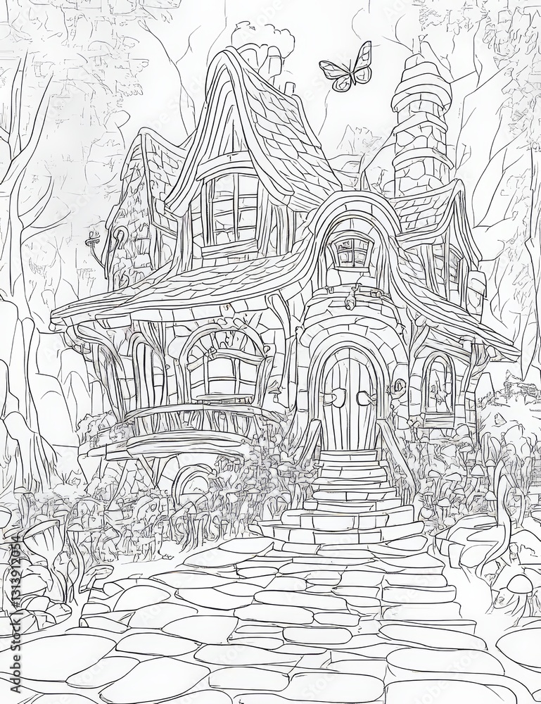 Naklejka premium Butterfly and mushroom coloring page ready to print on standard 8.5x11 inch paper