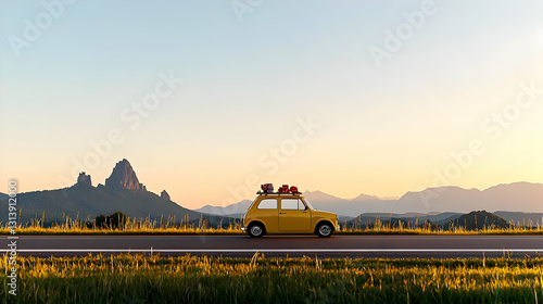 Yellow Car on a Scenic Road Trip Through a Mountain Valley at Golden Hour During Sunset