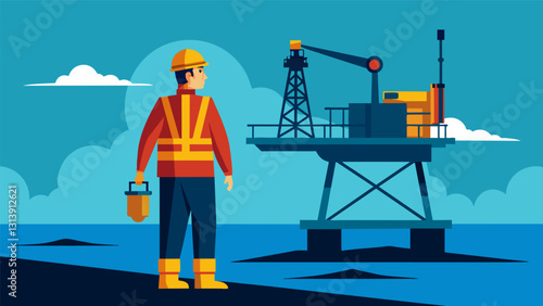 An oil rig worker stands on a platform overseeing the extraction of crude oil from a deep underwater well.. Vector illustration