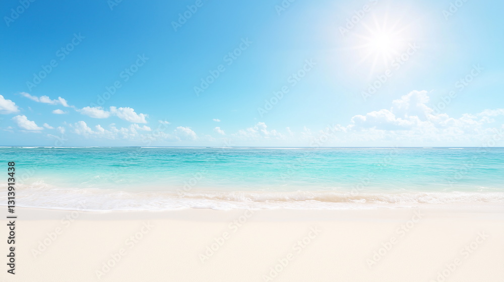 Fototapeta premium A tropical beach with golden sand and crystal-clear turquoise waters shimmering under the bright sun. Gentle waves ripple along the shore, creating a peaceful and relaxing paradise. Beautiful nature.