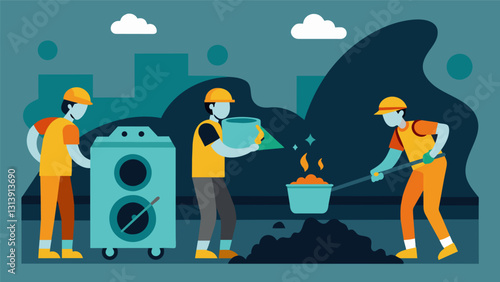 Amidst the dust and grime workers use coal washing machines to separate out impurities producing a purer more efficient fuel source.. Vector illustration