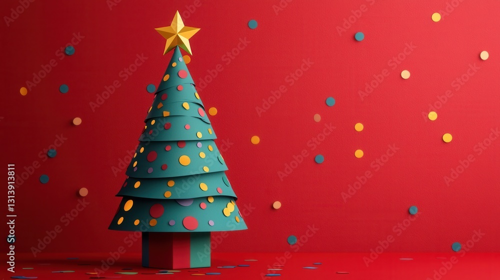 Colorful Paper Christmas Tree with Confetti on Red Background Colorful Paper Christmas Tree with Confetti on Red Background
