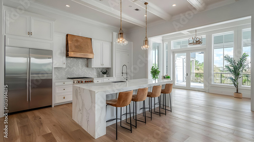 Bright Modern White Kitchen With Marble Island and Wood Floors in a Luxury Home