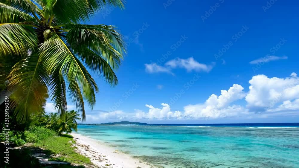 A beautiful beach with a palm tree in the foreground A beautiful beach with a palm tree in the foreground