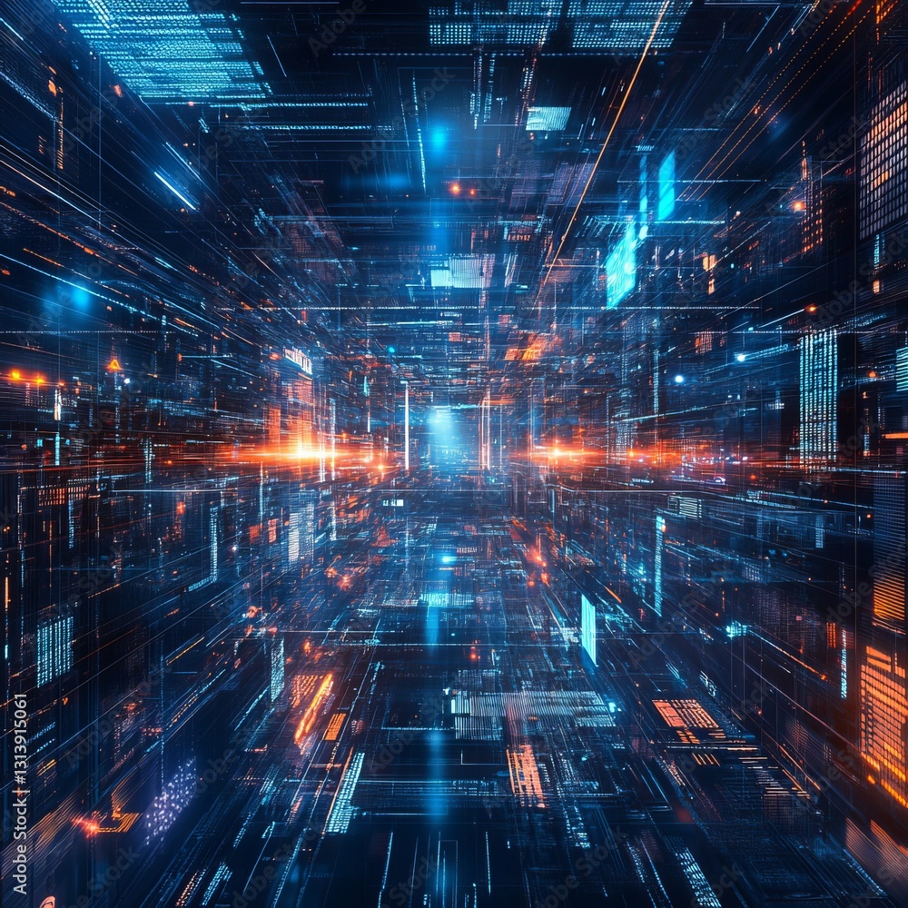 Fototapeta premium Explore a captivating digital landscape representing IoT technology from a first person perspective, with vibrant lights and intricate data lines creating an immersive experience.