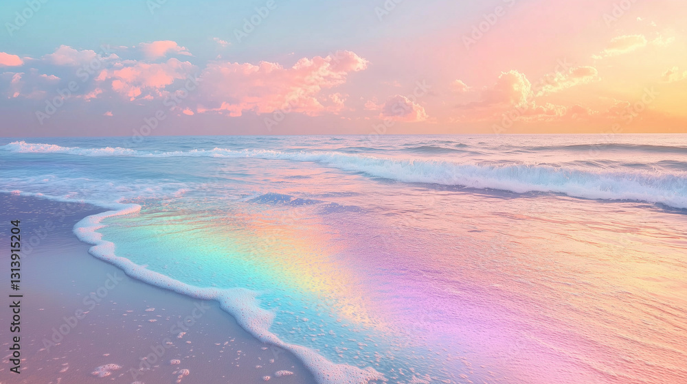 Obraz premium Pastel Beach Sunset with Rainbow Reflection