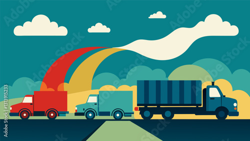 The acrid smell of gasoline and diesel fills the air as the trucks loom closer leaving a trail of exhaust in their wake.. Vector illustration