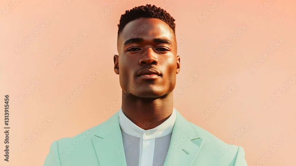 Fototapeta premium Stylish African American man in pastel mint blazer modern portrait