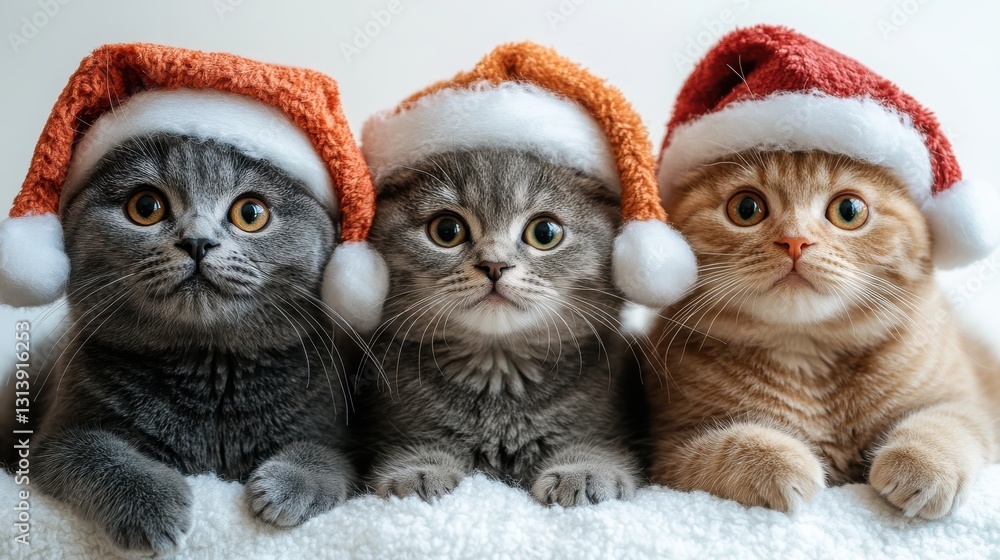 four cats wearing santa hats sitting in a row isolated on white background four cats wearing santa hats sitting in a row isolated on white background
