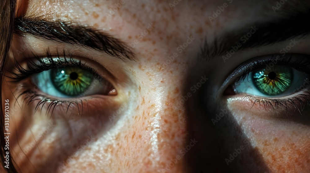 Close-up shot of a person's striking green eyes with freckles, illuminated by soft natural light Close-up shot of a person's striking green eyes with freckles, illuminated by soft natural light