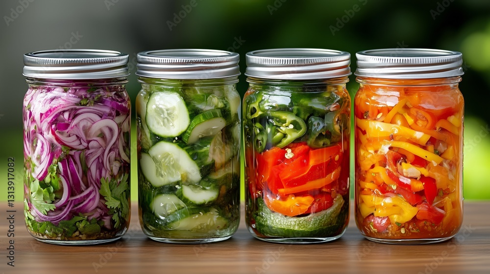 A lineup of jars filled with pickled vegetables on display. A lineup of jars filled with pickled vegetables on display.