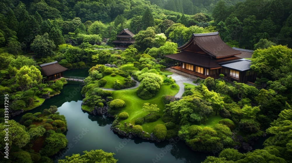 historical Japanese palace surrounded by lush greenery, symbolizing Showa era heritage and reflection. historical Japanese palace surrounded by lush greenery, symbolizing Showa era heritage and reflection.