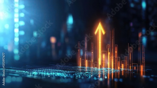 Orange Arrow Rising Above City Skyline Representing Growth and Technological Advancement