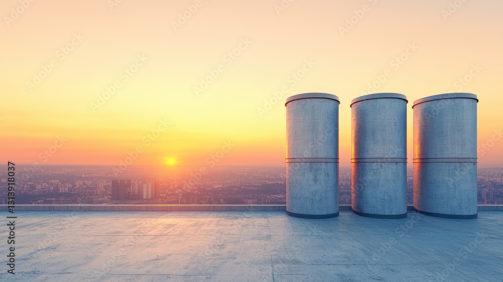 Obraz premium Three Cylindrical Tanks at Sunrise Over Urban Skyline