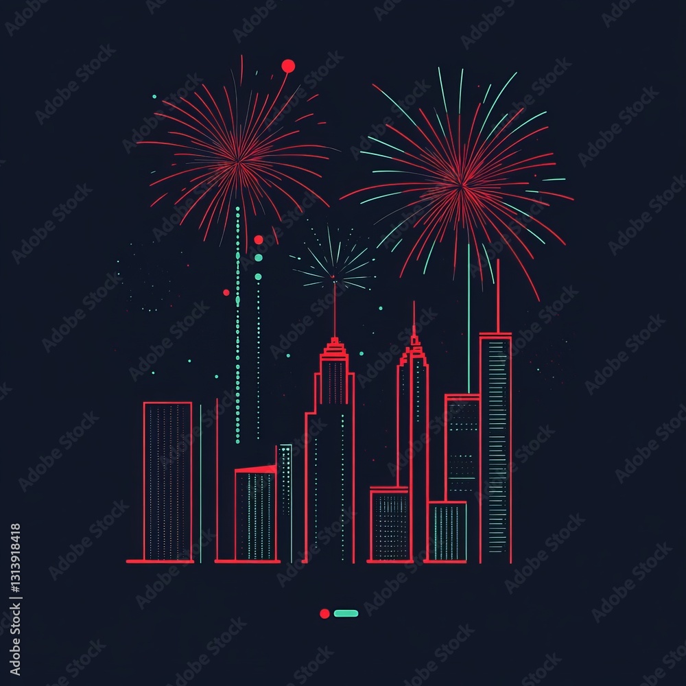 Φωτογραφία A vibrant illustration of colorful fireworks above a modern city skyline, perfect for conveying celebration, excitement, and festive spirit in various design projects