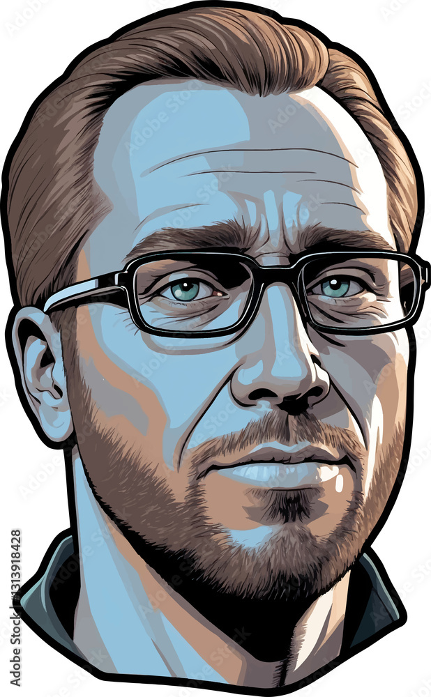 Digital portrait of a man with glasses and a thoughtful expression in a contemporary art style Digital portrait of a man with glasses and a thoughtful expression in a contemporary art style