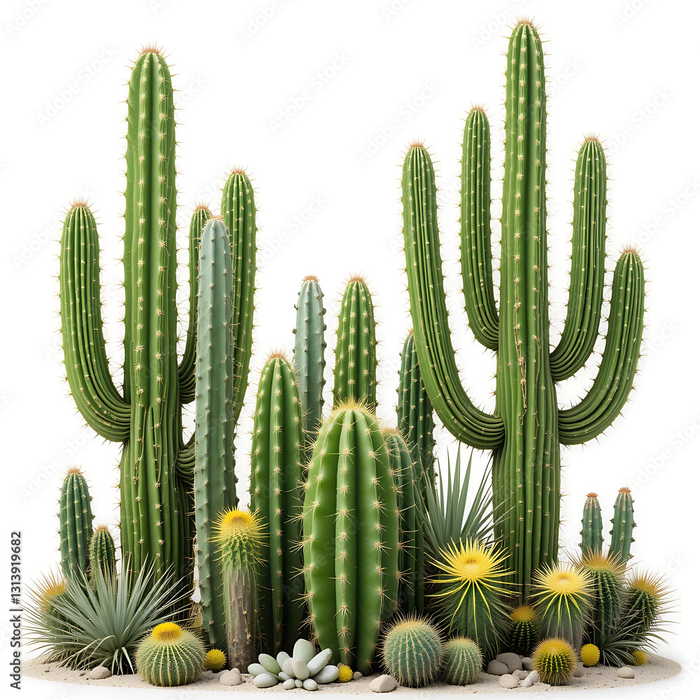 close up, Tall green cactus plants in various sizes desert flora isolated on white background close up, Tall green cactus plants in various sizes desert flora isolated on white background
