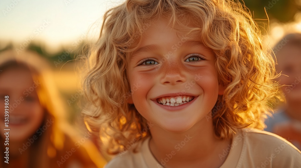 A cheerful child with curly hair enjoys a sunny day, smiling broadly in a golden field. A cheerful child with curly hair enjoys a sunny day, smiling broadly in a golden field.