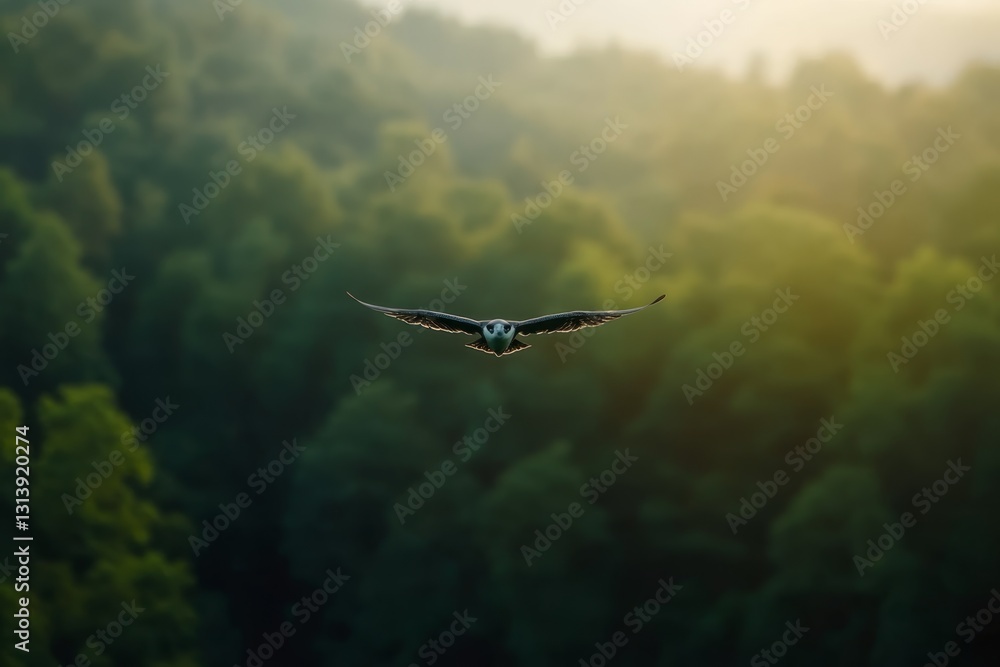 Majestic owl flying over lush forest at dawn under soft golden light Majestic owl flying over lush forest at dawn under soft golden light