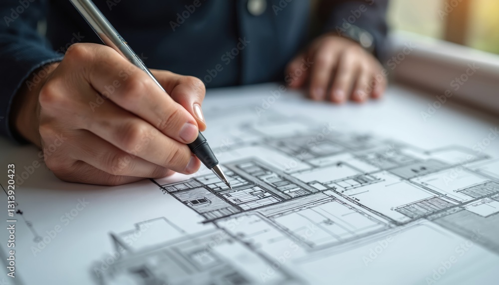 Architect drawing blueprint of house design. Engineer works on construction plan. Concept for real estate sale, bank credit, architectural project, residential building development. Close-up, focus Architect drawing blueprint of house design. Engineer works on construction plan. Concept for real estate sale, bank credit, architectural project, residential building development. Close-up, focus