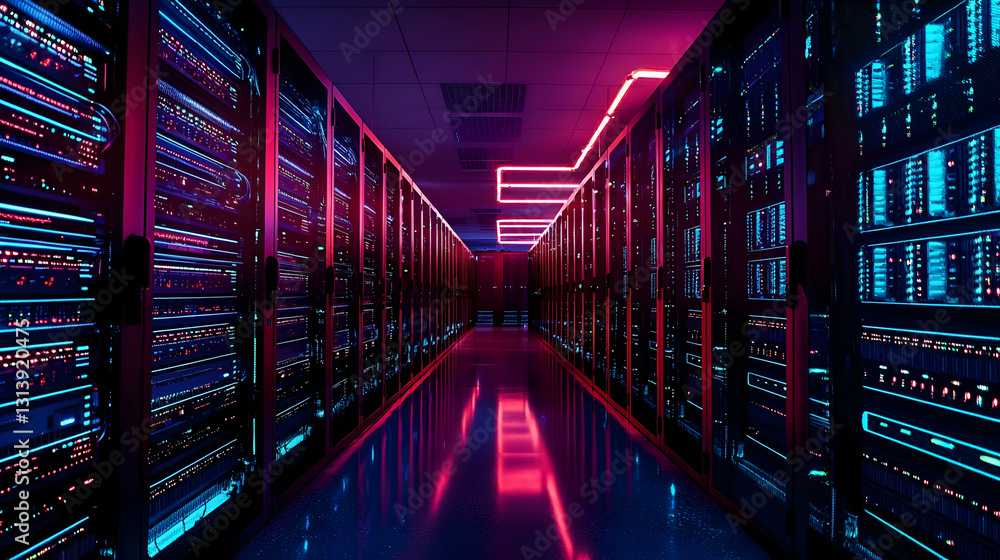 Fototapeta premium Dark Data Center With Glowing Neon Purple And Pink Servers In A Modern Futuristic Server Room With Reflective Floor Technology Background