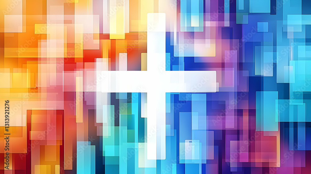 White Cross on Vibrant Abstract Geometric Background White Cross on Vibrant Abstract Geometric Background