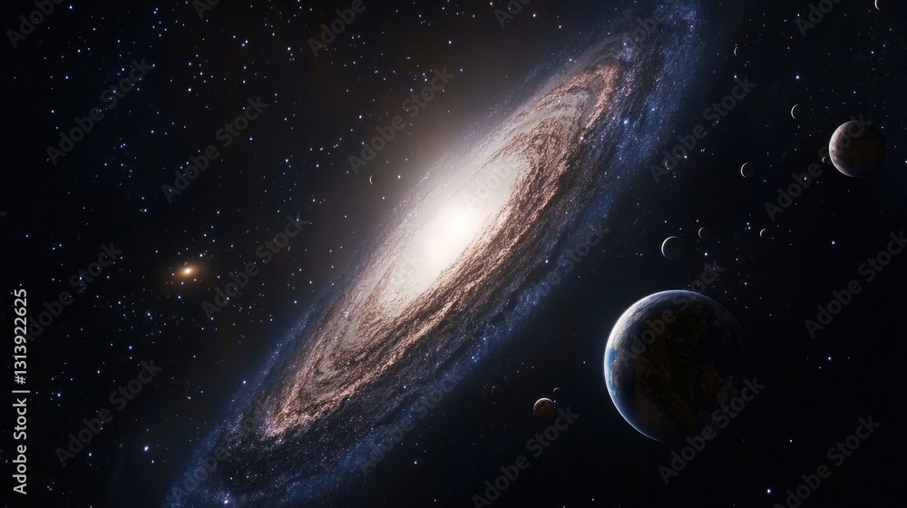 Obraz premium Spiral galaxy with planets and stars in space.