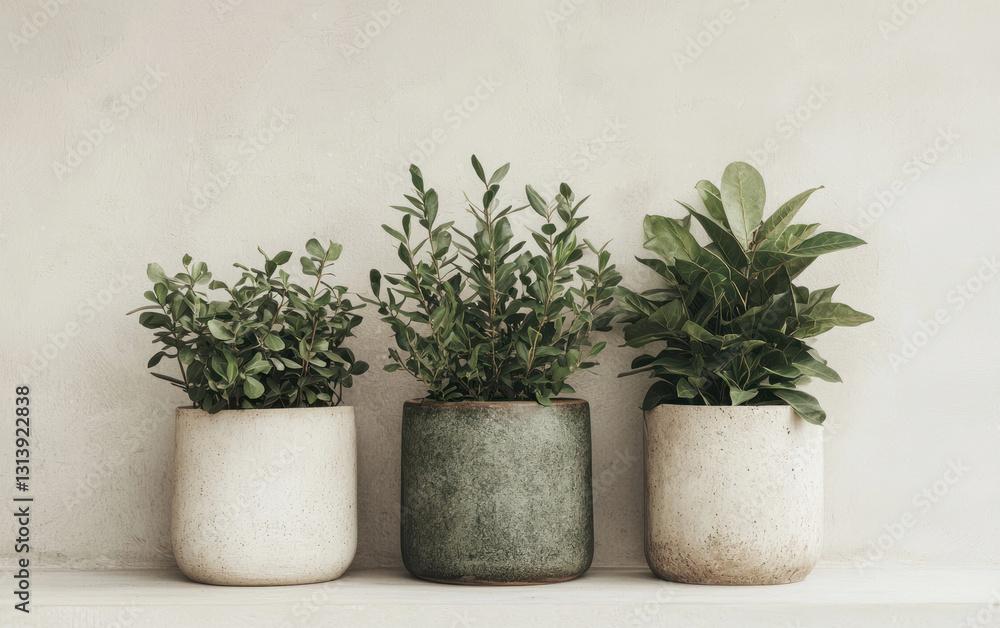 Three Potted Herbs with Speckled Pots Against a Textured Background Three Potted Herbs with Speckled Pots Against a Textured Background