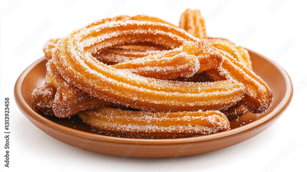 crispy churros coated in sugar on the plate isolated on white background crispy churros coated in sugar on the plate isolated on white background