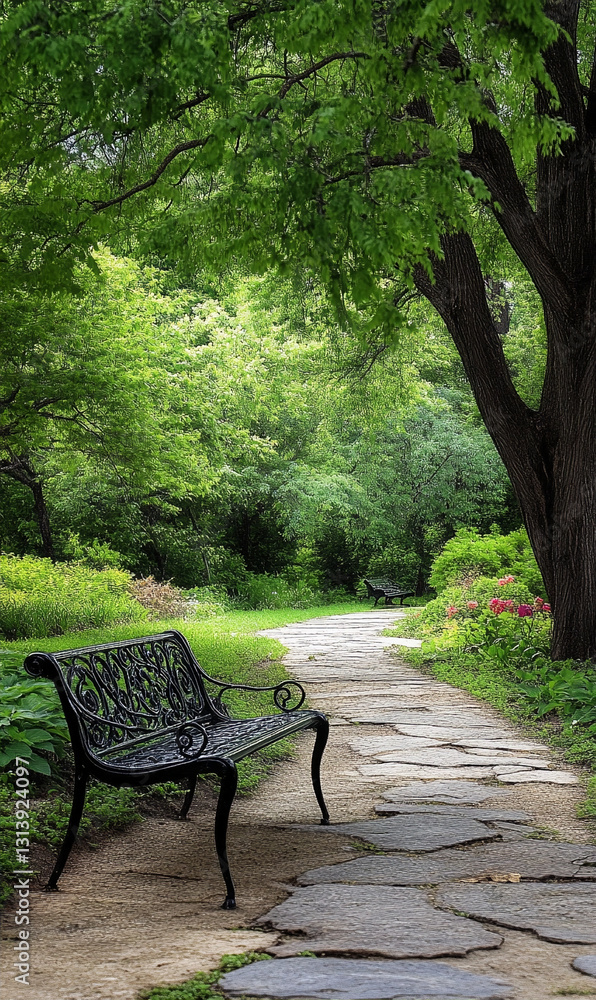 Serene park path with ornate bench inviting contemplation and peaceful connection nature Serene park path with ornate bench inviting contemplation and peaceful connection nature