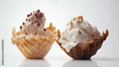 different two sorts of ice cream scoop on waffle cone isolated on white background