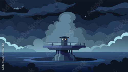 The platform is enveloped in dark ominous clouds almost disappearing from view as the storm rages on.. Vector illustration