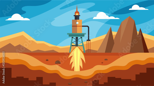 The rigs engine roaring and rumbling as it powers the drill bit carving its way through the Earths layers in search of geothermal riches.. Vector illustration