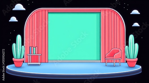 Empty Stage with Pink Curtains and Green Screen