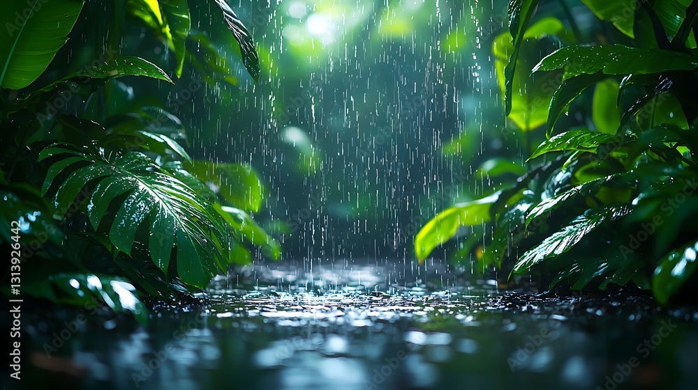 Fototapeta premium Glowing Rainforest Canopy with Dripping Leaves Illuminated by Soft Light
