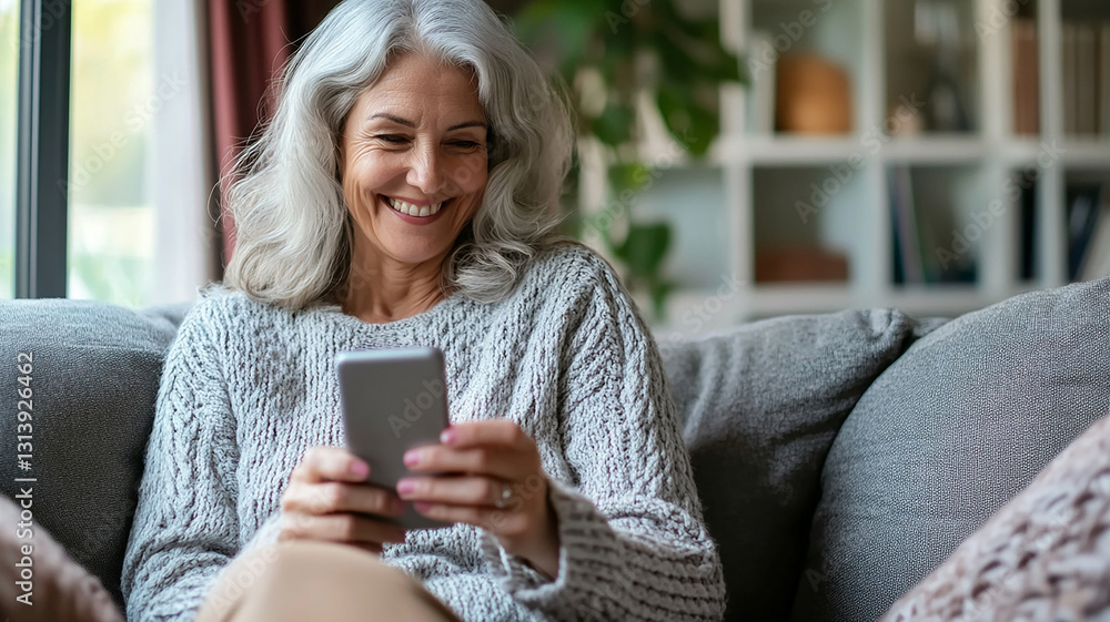 Happy middle aged older woman using smartphone sitting on couch at home. Smiling mature lady holding cellphone browsing internet, texting messages, doing online shopping on mobile cell phone on sofa Happy middle aged older woman using smartphone sitting on couch at home. Smiling mature lady holding cellphone browsing internet, texting messages, doing online shopping on mobile cell phone on sofa