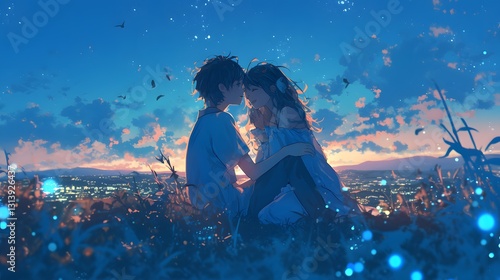 Romantic Anime Couple Sitting on Grass Under Starry Night Sky