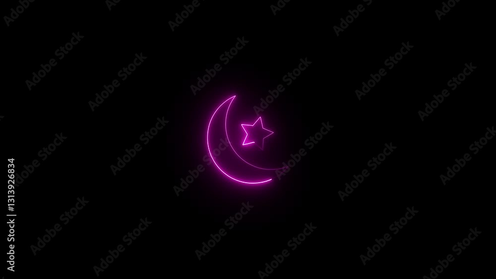 Glowing neon line Moon and stars icon isolated on black background Neon sign in moon shape motion graphic with alpha channel ,The beautiful view on the bright moon