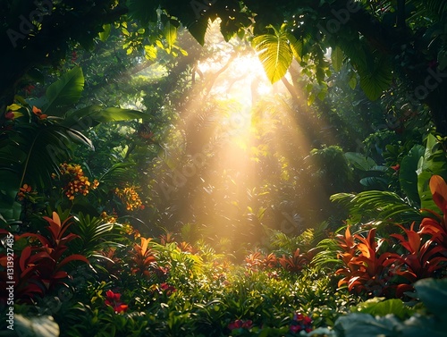 Wallpaper Mural Vibrant Glowing Canopy Filled with Dense Foliage and Sunlight Revealing Colorful Hidden Wildlife in Tropical Rainforest Torontodigital.ca