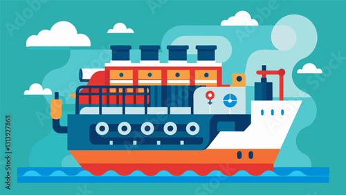 The deep guttural sound of the marine diesel engine can be heard for miles as the ship chugs along carrying passengers and cargo to their. Vector illustration