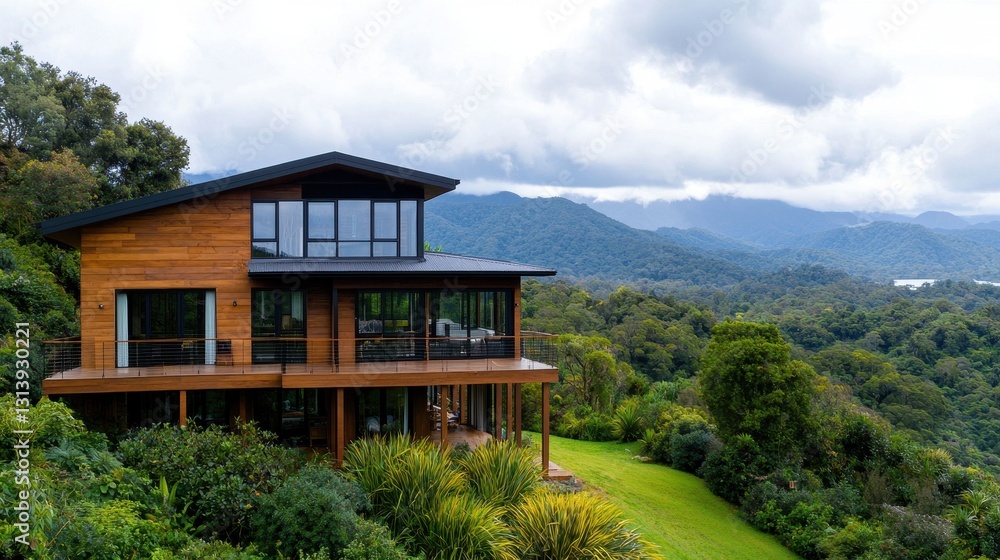 Modern Wooden House Near Scenic Mountains and Lush Greenery Modern Wooden House Near Scenic Mountains and Lush Greenery