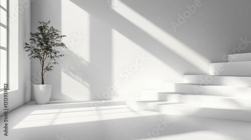 A minimalist setting highlights a potted plant positioned against a white backdrop. Natural light creates soft shadows  enhancing the clean  contemporary aesthetic of the room