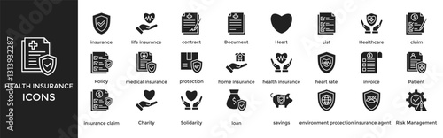 health insurance icon set. with icon health insurance, insurance, life insurance, contract, Document