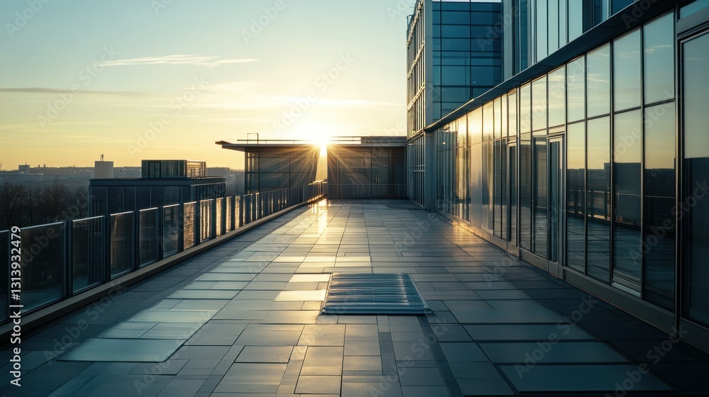 A modern building rooftop terrace at golden hour during sunset A modern building rooftop terrace at golden hour during sunset