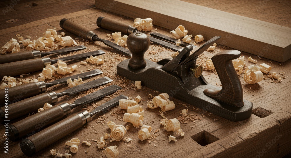 Woodworking Tools Arrangement with Plane, Chisels, and Wood Shavings Woodworking Tools Arrangement with Plane, Chisels, and Wood Shavings