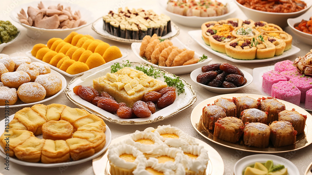 various kinds of dishes to break the fast, such as water, dates, cakes, sweets various kinds of dishes to break the fast, such as water, dates, cakes, sweets