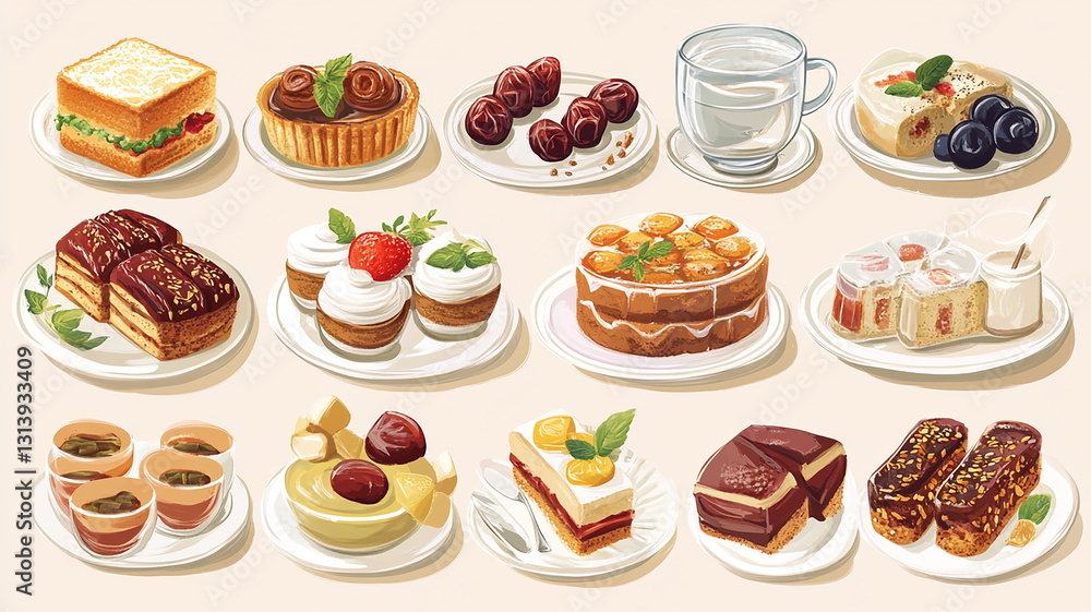 various kinds of dishes to break the fast, such as water, dates, cakes, sweets various kinds of dishes to break the fast, such as water, dates, cakes, sweets